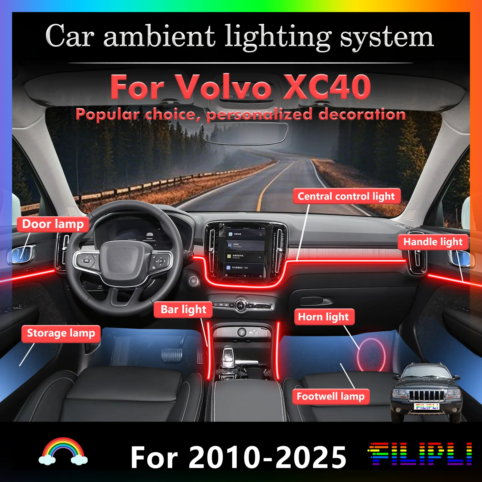 

For Volvo XC40 RGB 64 Colors LED Smart Remote Control Car Interior Ambient Light Energy Saving Efficient Lamp Set