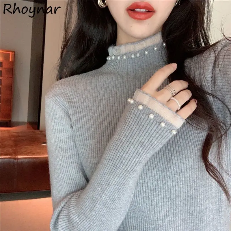 

Chic Spliced Pearls Knitted Pullovers Women Fashion Solid Simple Slim Young Popular All-match Basic Tops Girls Leisure Soft Ins