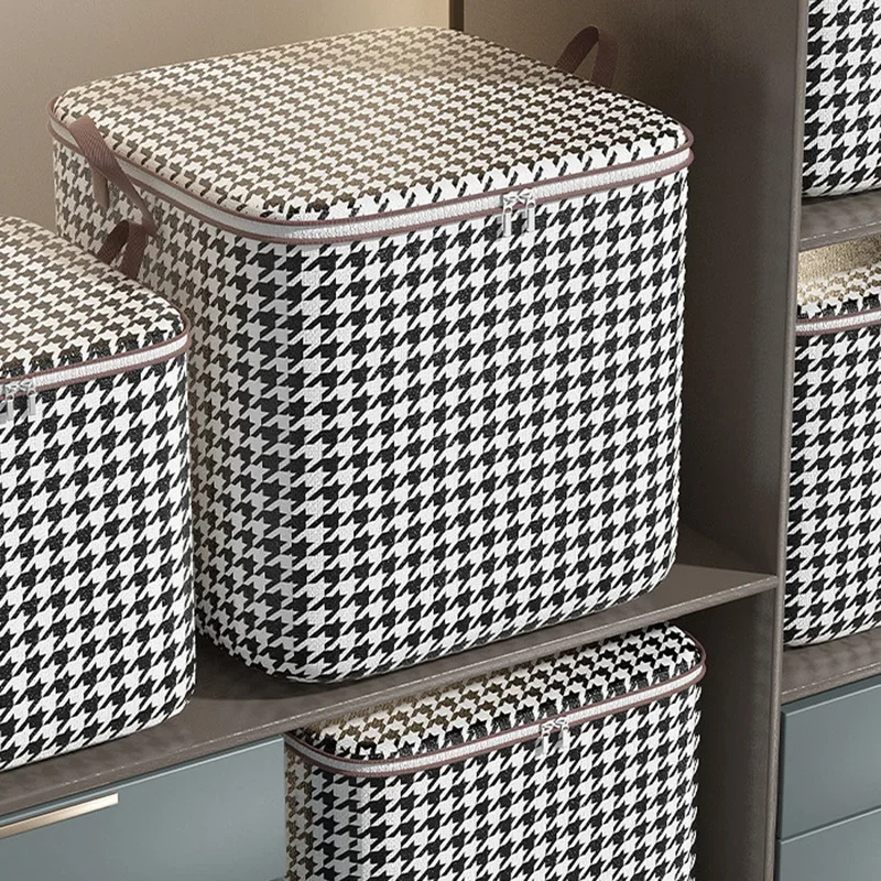 Practical Storage Boxes with Lids Houndstooth Clothes Quilt Bins Container Organizers with Handle for Bedroom Closet