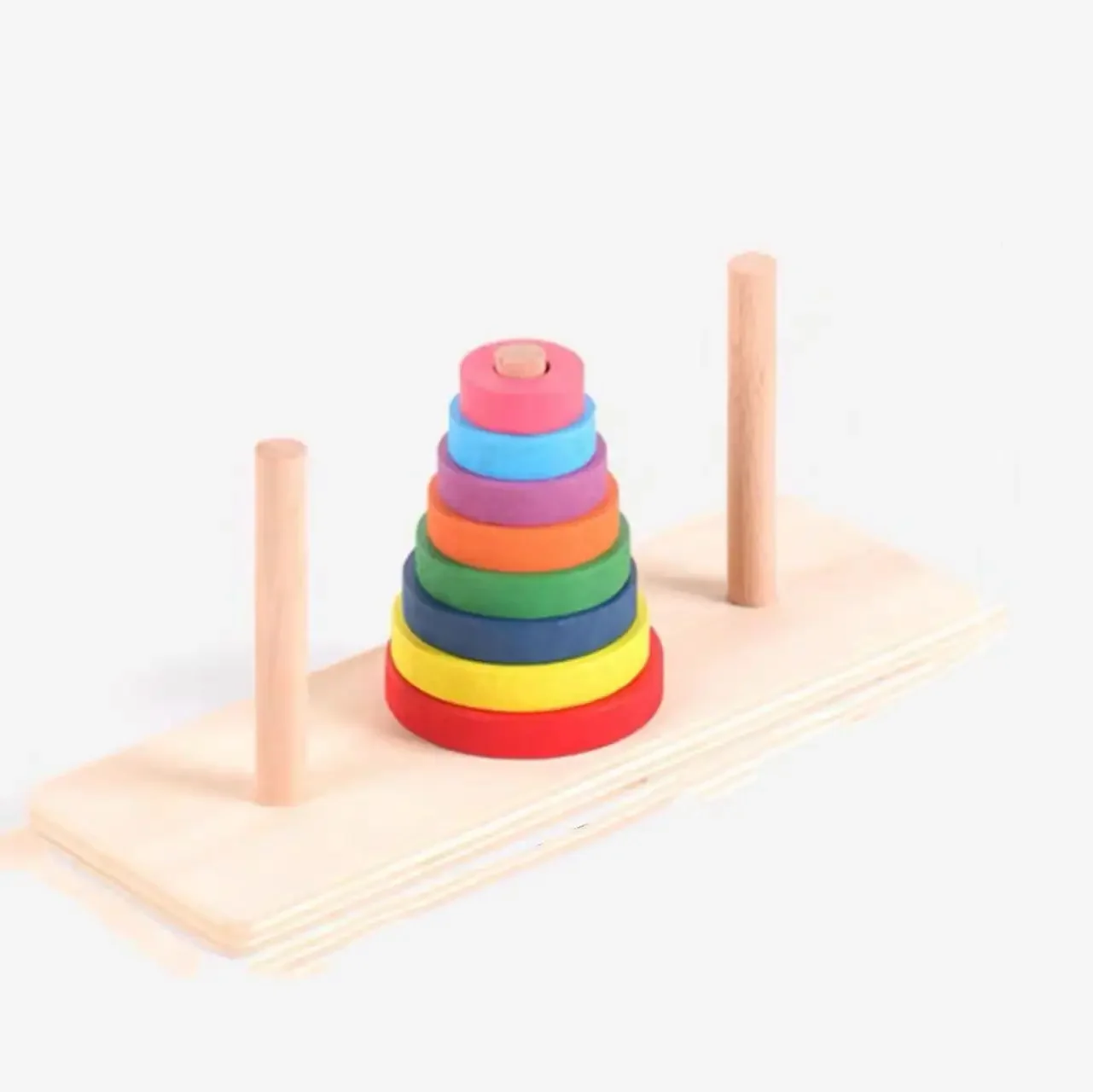 Drewniana tęcza do układania pierścieni, zabawka edukacyjna Montessori, gra geometryczna z kolorami i kształtami dla dzieci.