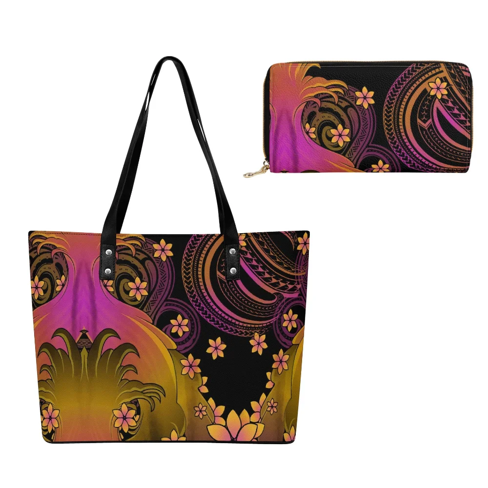 

Customizable Polynesian Ethnic Motif Leather Handbag Wallet Duo Womens Casual Printed Pattern Spacious Tote Chic