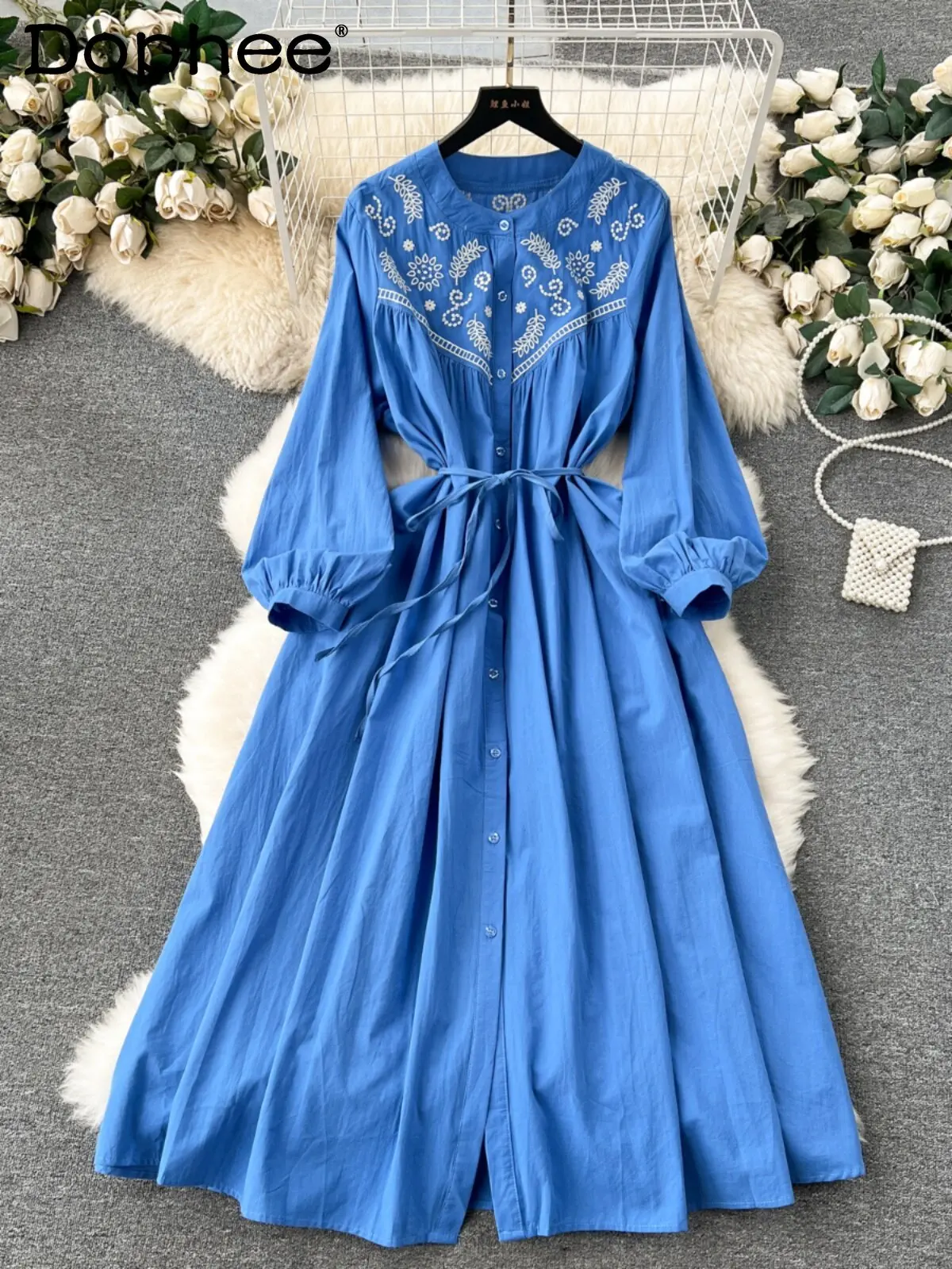 

2026 New Japanese Retro Long-sleeved Women's Dress with Lace-up Waist Design Sense Embroidery Loose Casual Long Dress
