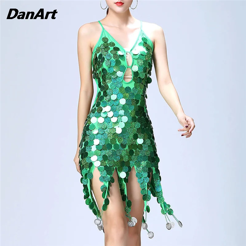 

Latin Dance Dress Ladies Shiny Stage Dancewear Costumes Women Suspender Backless Holiday Performance Suit Jazz Tango Rumba