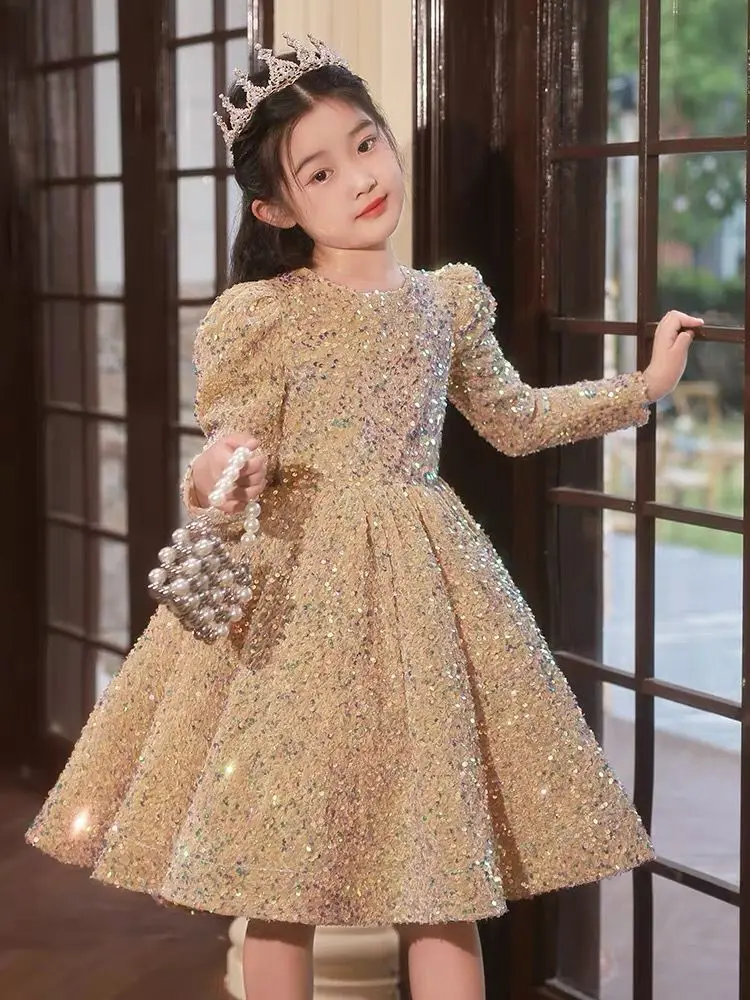 Elegant Golden Sequin Lace Flower Girl Dress Long Sleeves Puffy Pageant Gown Big Bow Baby Girl Birthday Party Weeding Vestidos