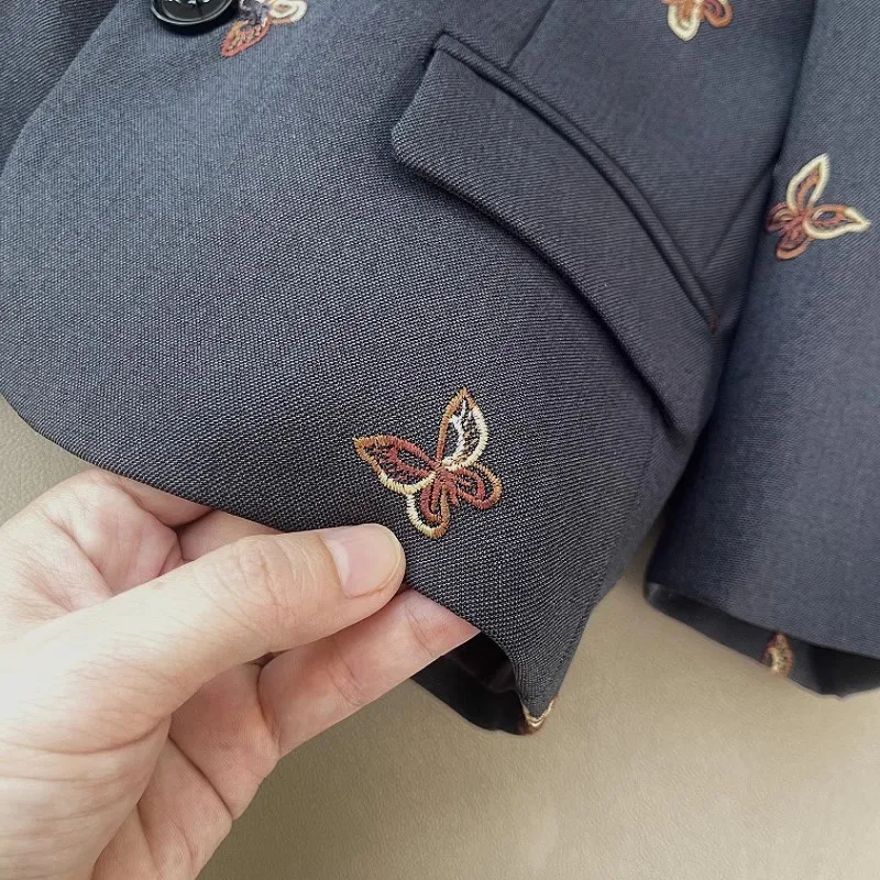 Kids Boys Formal Suit Set with Bee Embroidery Charcoal Blazer Trousers Children Wedding Ring Bearer Outfit Party Clothing 1-12Y