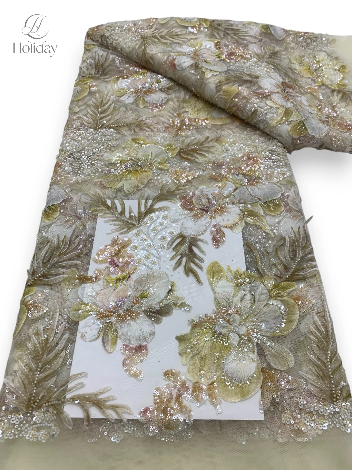 

5Y/piece 2025 hot selling new French sequin fabric high-quality new design embroidered mesh 3D flower wedding dress