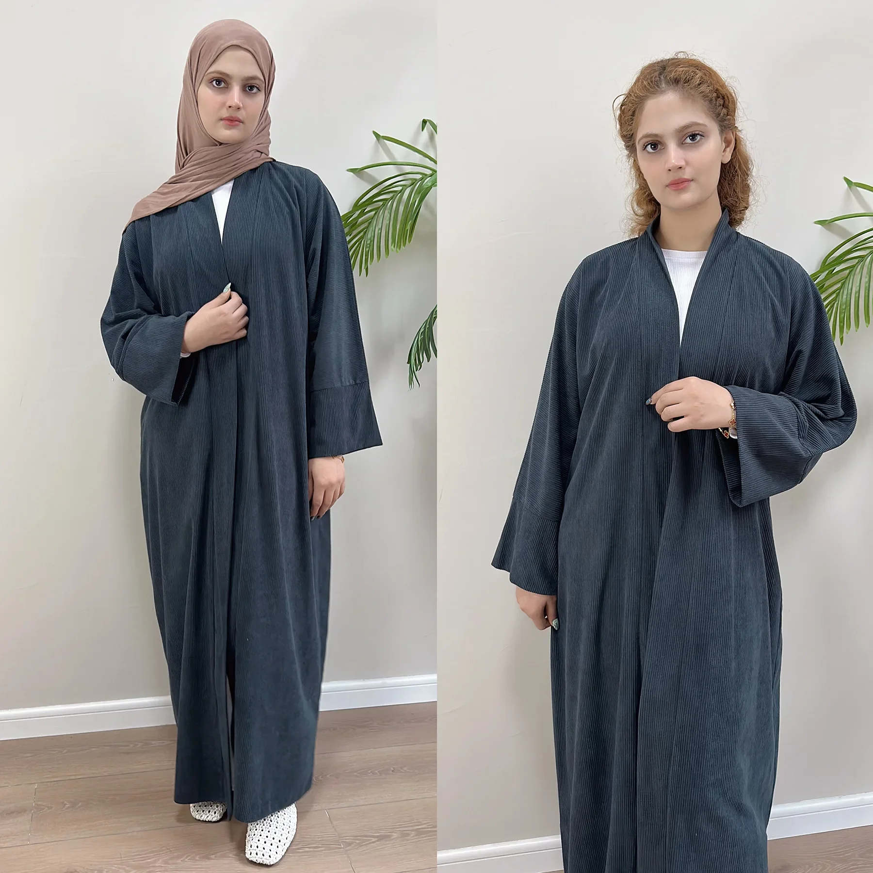 Plain Winter Corduroy Abaya Kimono Cardigan Muslim Open Abayas for Women Dubai Luxury Turkish Islamic Clothing Kaftan Warm Dress