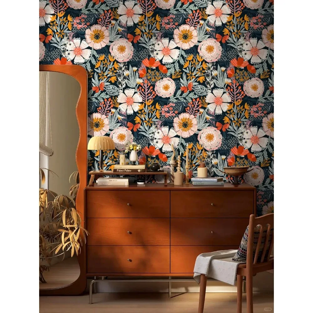 ورق جدران بوهيمي قابل للإزالة لغرفة النوم - ورق اتصال مزخرف قابل للتقشير واللصق باللون الوردي الداكن مقاس 17.3 بوصة × 32.8 قدم