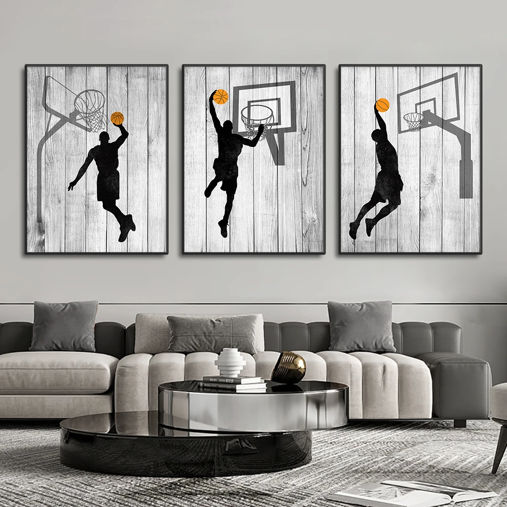 3 Panel Abstract Basketball Player Dunk Wall Art Canvas Painting Sports Poster Print Pictures for Living room Kids Bedroom Decor