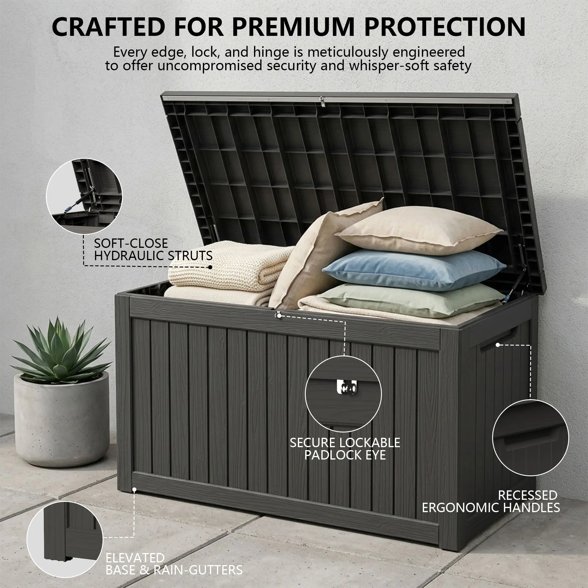 230 Gallon Outdoor Storage Box, Waterproof Resin Deck Container with Lockable Lid, Patio Organizer for Cushions & Garden Tools