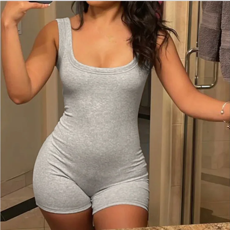 

Summer Casual Rib Knitted Playsuit Women Sleeveless Skinny Romper O Neck Short Jumpsuit Wrap Bodycon Female Playsuit Overalls