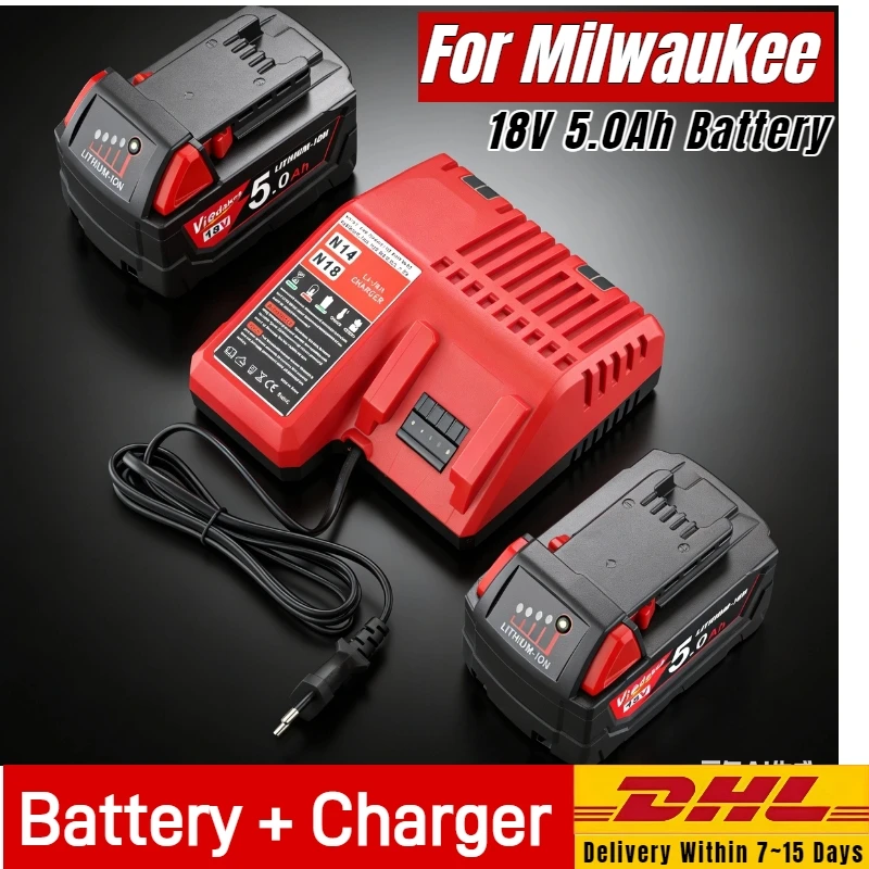 

⭐18V, 12800mAh For Milwaukee M18 Power Tool Battery, Charger, BR, XC, M18B5, 48-11-1860, Built-in 18650 Battery