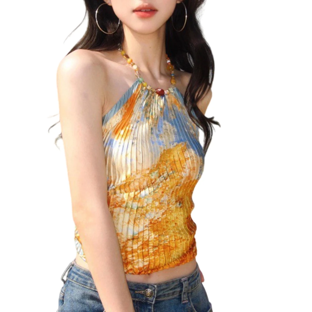 Polyester Halter Neck Backless Tank Top for Women Featuring Beaded Trim and Regular Fit for Summer Activity Wear