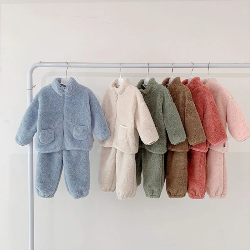 Autumn Winter Warm Boy Girl Clothes Pajamas Set Thick Toddler Child Solid Color Long Sleeve Sleepwear Kids Home Suit 2-6Years