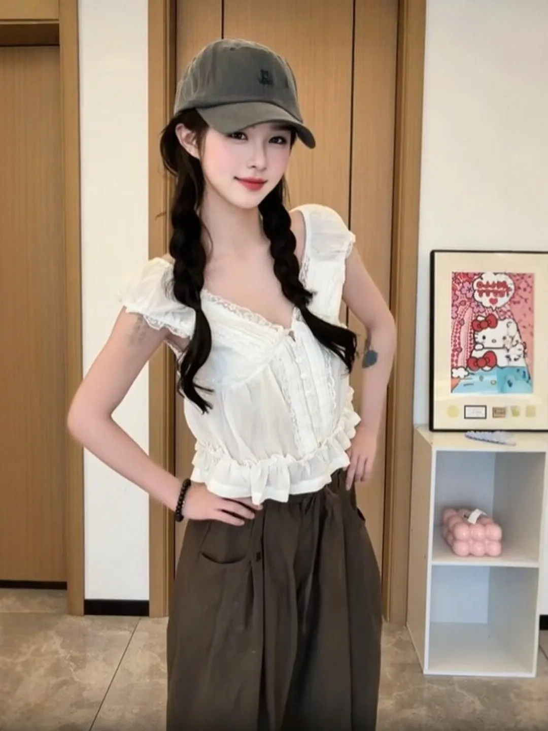 

Chic V-Neck Cotton Shirt Gentle Style Unique Design Youthful Summer Top French Style Short Sleeve Women's Business Casual Shirt