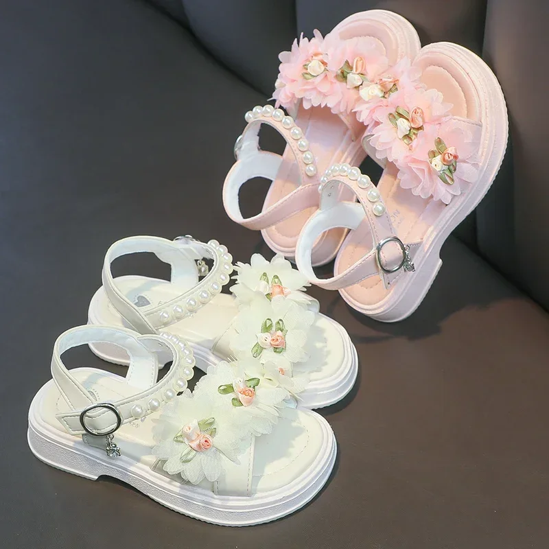 Girls Flowers Sandals Kids Sweet Princess Shoes for Party Wedding Kids Leather Sandals French Style Chic Summer Fashion 2024 New