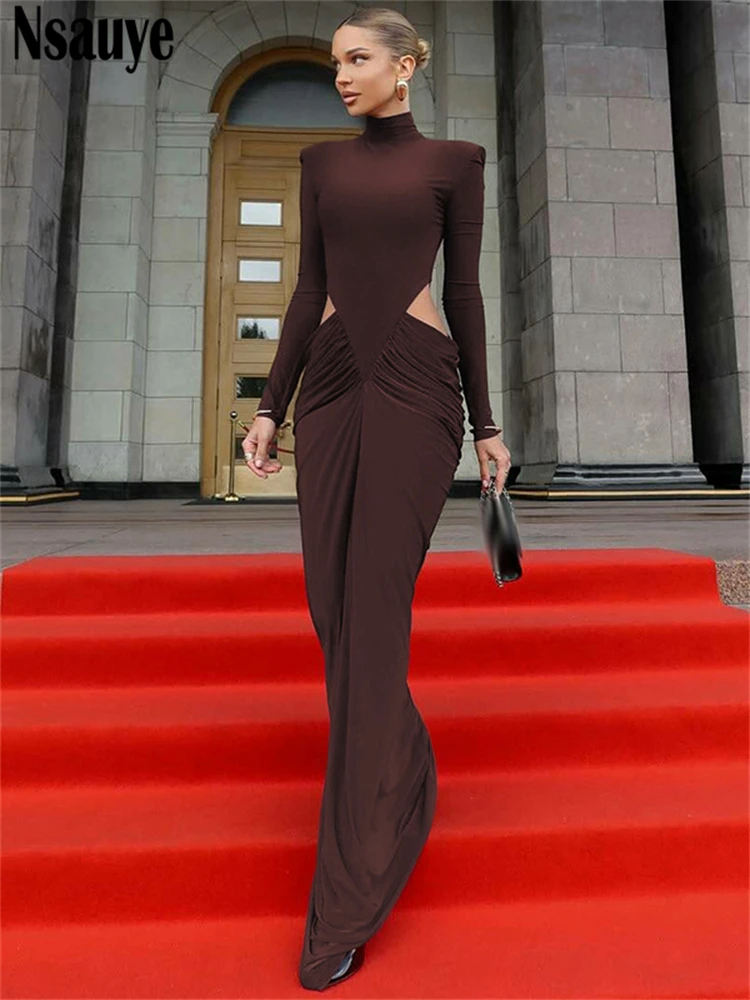 فستان Nsauye للسيدات أنيق بأكمام طويلة مفرغ فستان ماكسي ضيق بلوفر بياقة مدورة مثير للحفلات المسائية والنوادي الليلية