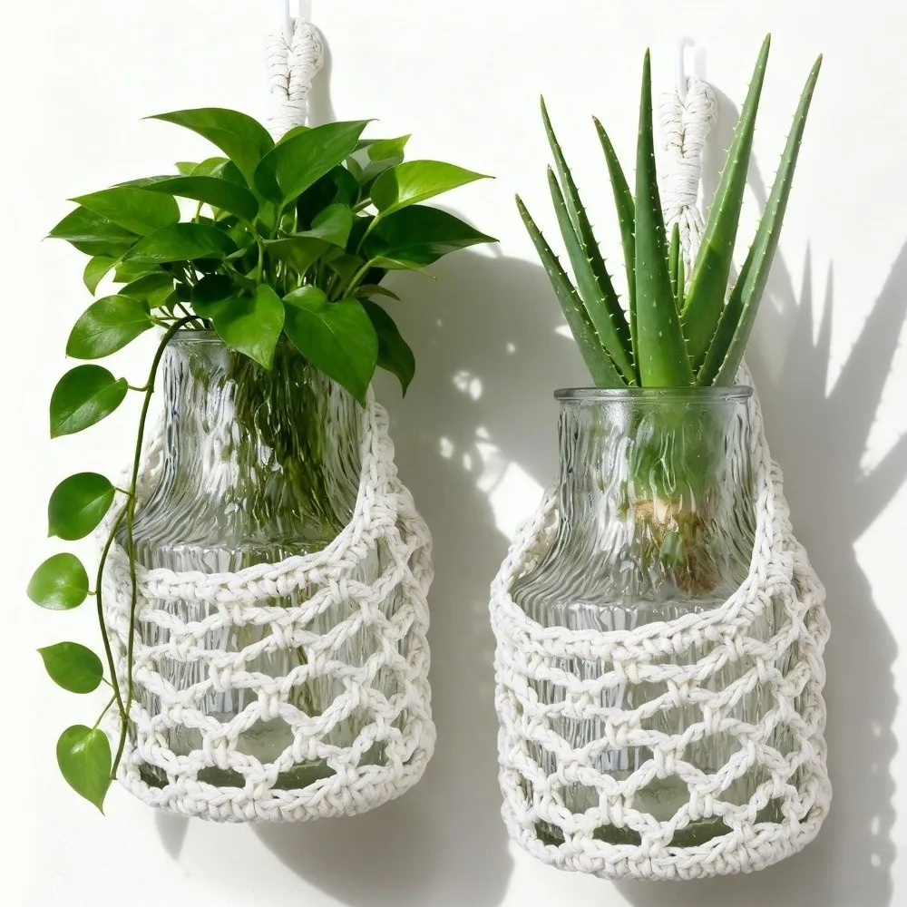 Boho Macrame Wall Plant Hanger Hollowed-out Cotton Fruit Net Bag for 4 Inch Pots Woven Storage Mesh Bag