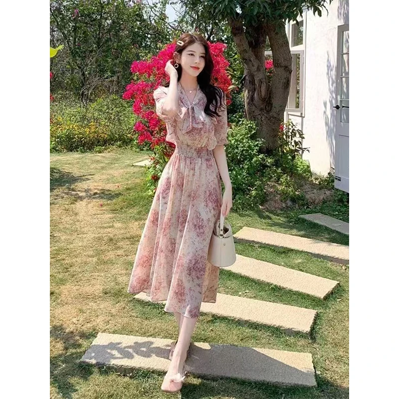 프랑스 여름 플로럴 랩 드레스 여성 우아한 A라인 미디 티 파티 생일 드레스 보헤미안 시크 빈티지 플로럴 프린트 페어리 프린세스