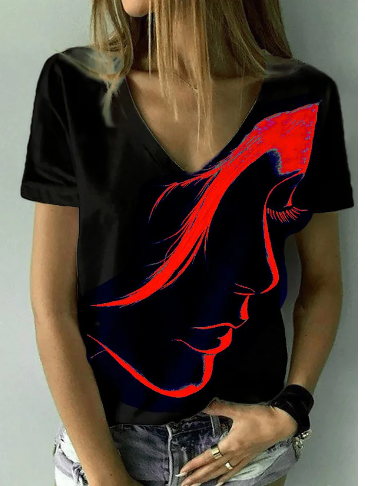 Summer 2000 Women's Printed T Shirts Women's Fashion Versatile Basic V-Neck Tops Black/3D Printed Shirts