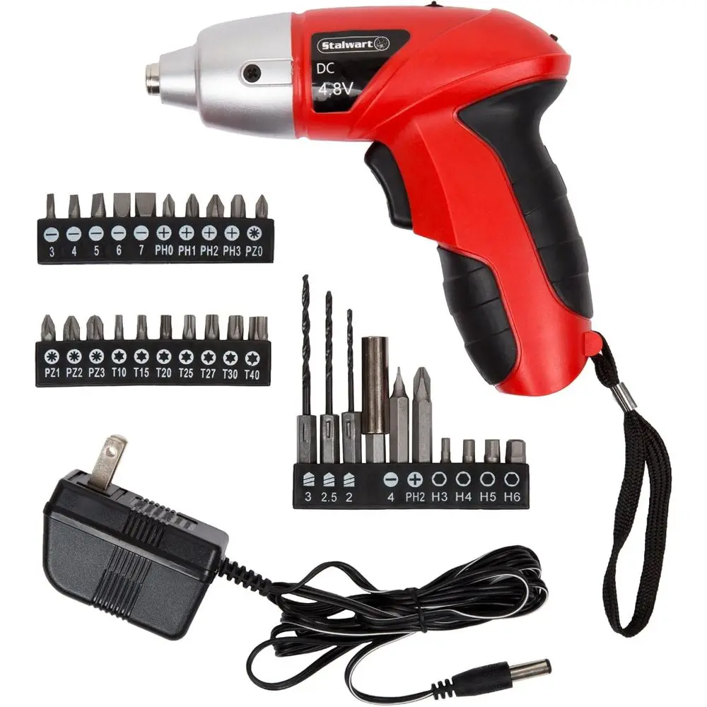 

25-Piece Electric Screwdriver Set - Cordless Drill with LED Work Light, Automatic Spindle Lock, and Screw Driver Bits by (Red)