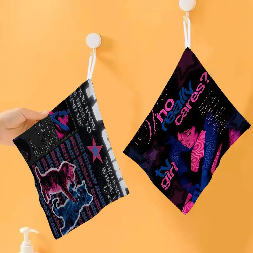 Pink Blue TV Girl Art Polyester Cotton Hand Wiping Towel with Hanging Loop, Lightweight for Home and Commercial Use