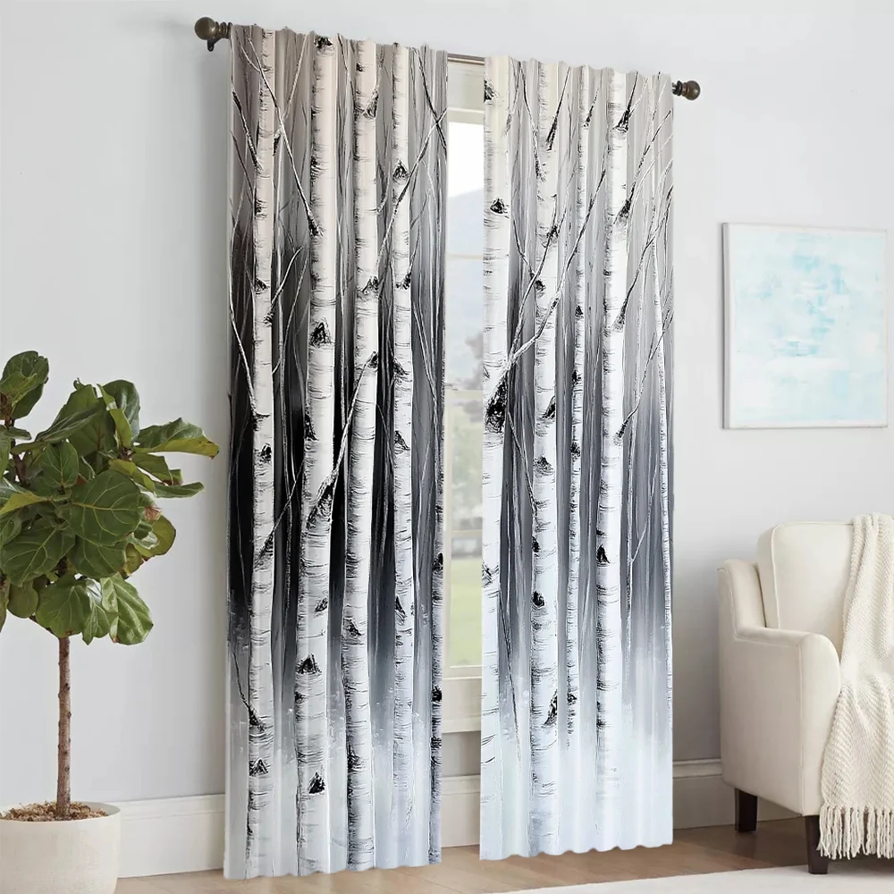 2Pcs Birch Forest Print Window Curtains Rod Pocket Design For Easy Hanging Perfect For Bedroom Living Room Office And Home