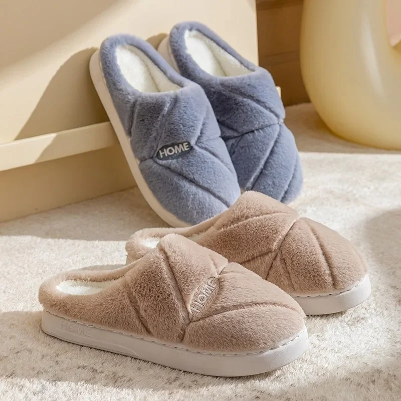 

Men Winter Slippers Women Thick Sole Home Warm Slides Indoor Couples Soft Floor Furry Shoes Non-Slip Comfortable Cotton Flats