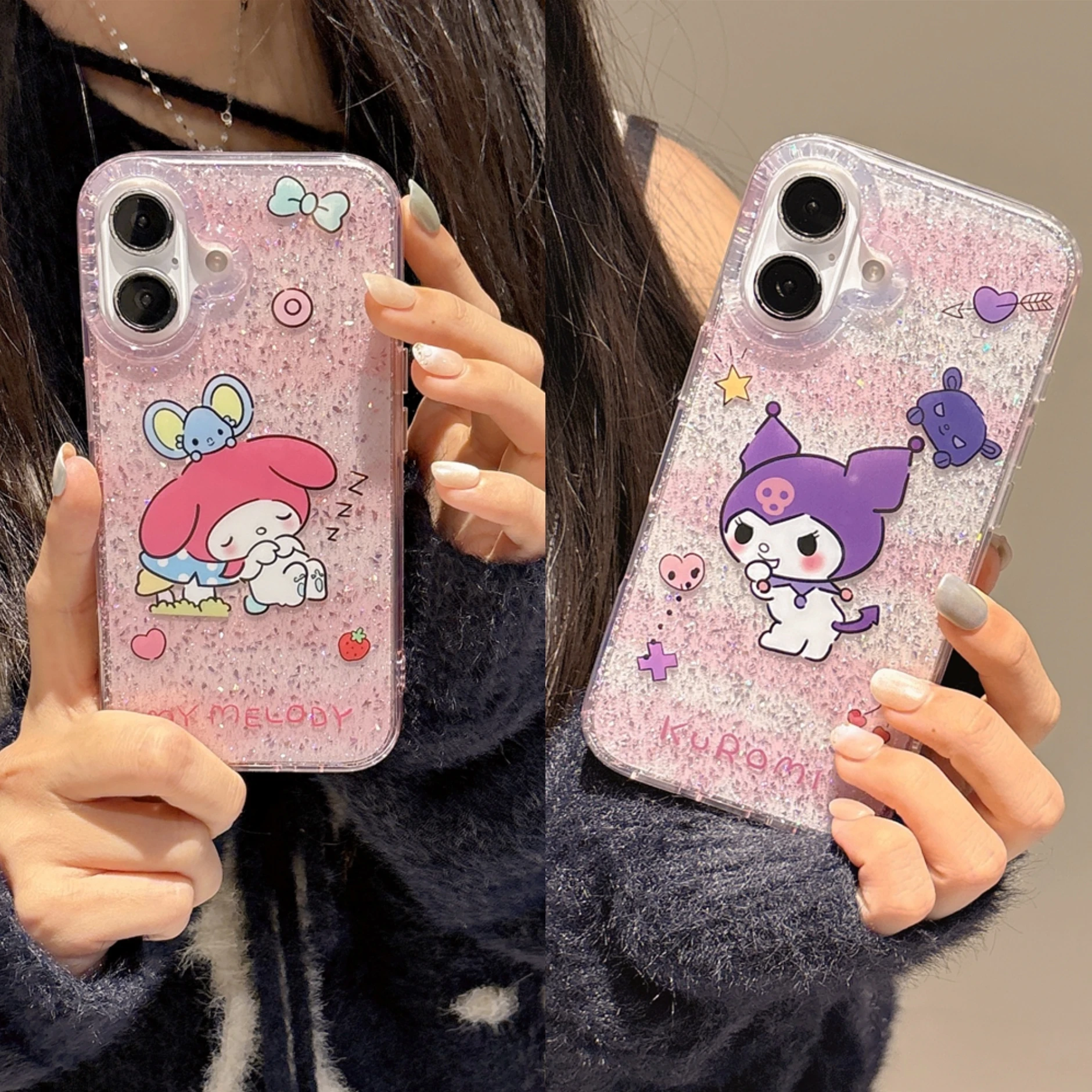 

Sanrio Mischief Kuromi Phone Case For iPhone 16 15 14 Pro Max Sleep Melody Glitter Powder Shock Proof Protect Half-Wrapped Case