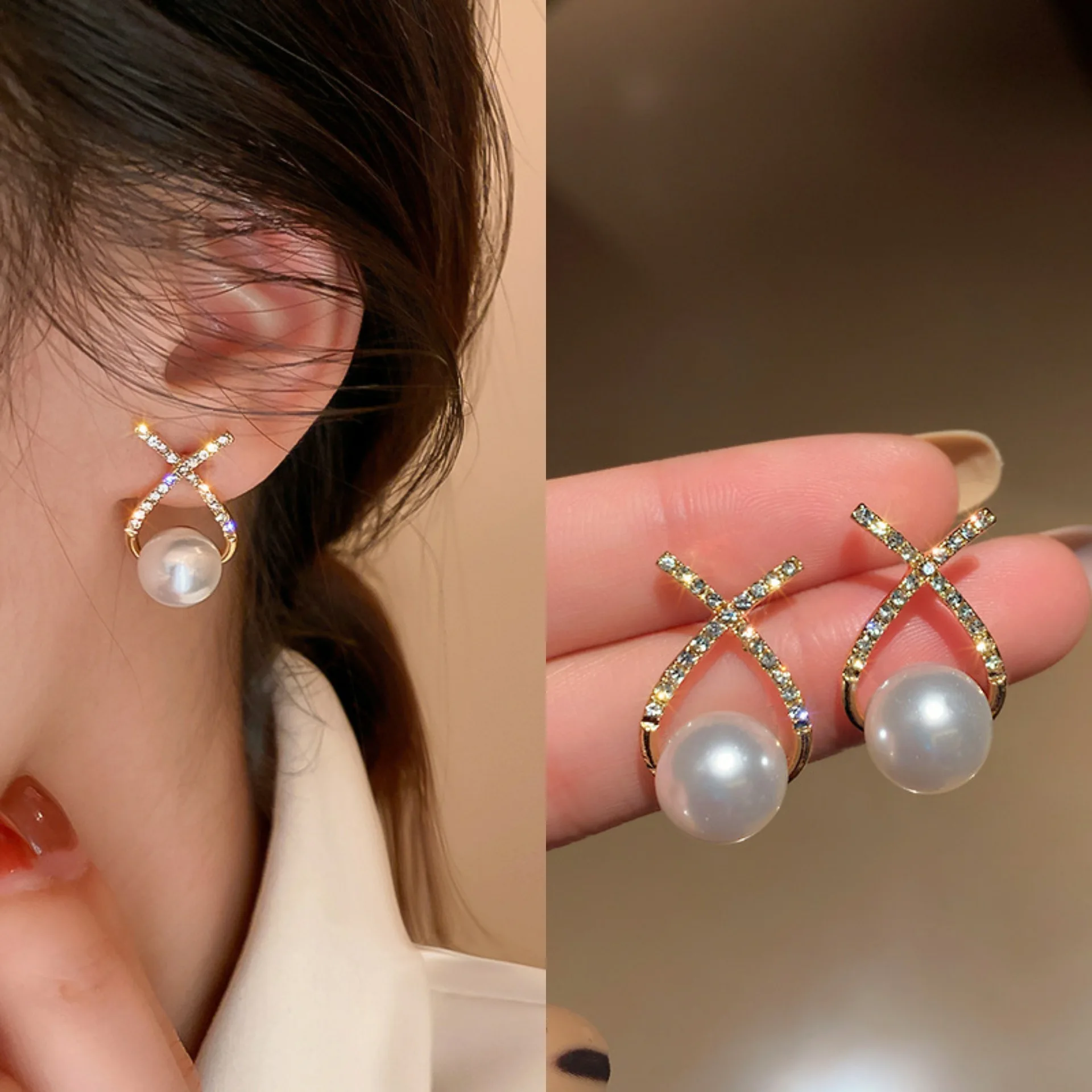 Simple Gold Color Metal Cross Earrings Fashion Triangular Imitation Pearl Earrings For Women Retro Jewelry Classic Earrings