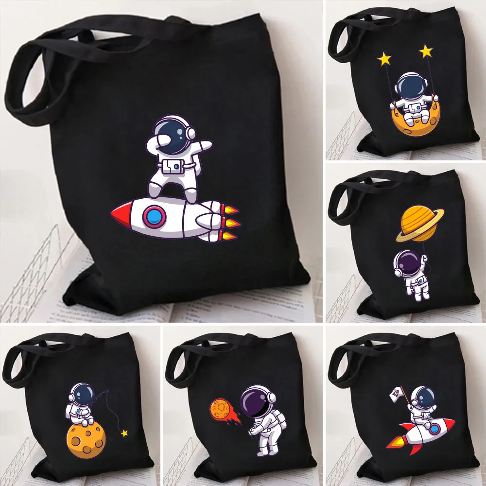 Cute Moon Space Astronaut Planet Saturn Star Cat Pig Corgi Universe Women Canvas Shoulder Tote Bag Cotton Shopping Beach Handbag