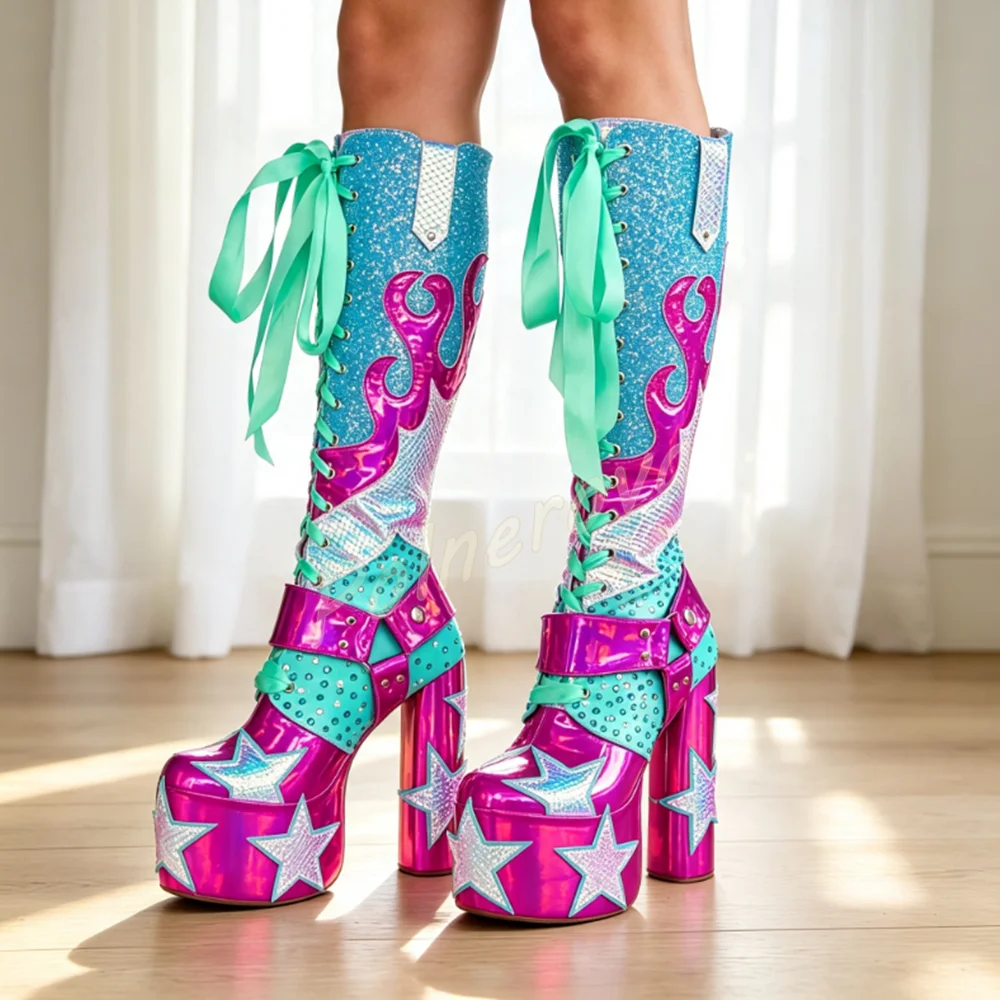 Women Glitter Holographic Boots Knee High Platform Star Patch Rhinestone Long Boots Satin Ribbon Block Heel Winter Party Boots