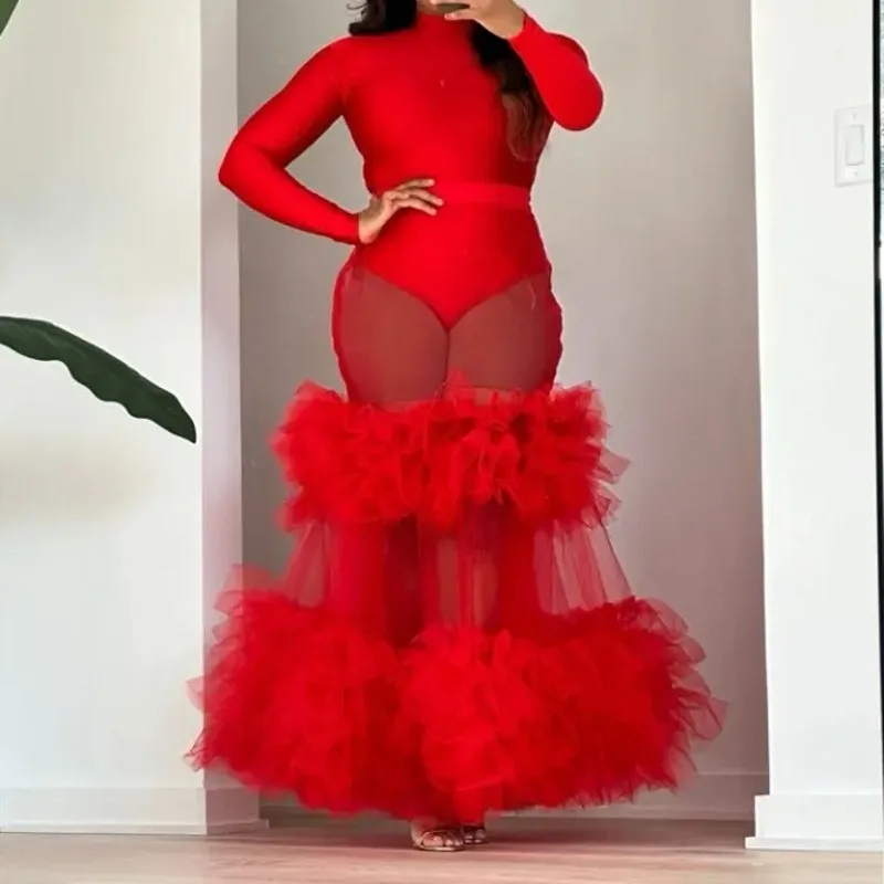 

Fashion See Through Women Skirts Tutu Red Female Skirt Layered Ruffled Long Maxi Skirt Sheer Tulle