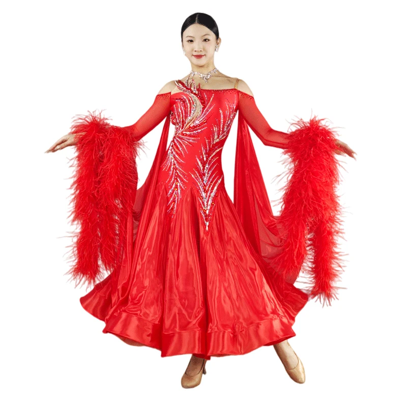 B-25135-2 Yundance Elegante Vrouwen Spandex Ballroom Dans Kostuum Chrisanne Rood Satijn Chiffon Walsdans Jurken voor Concurrentie