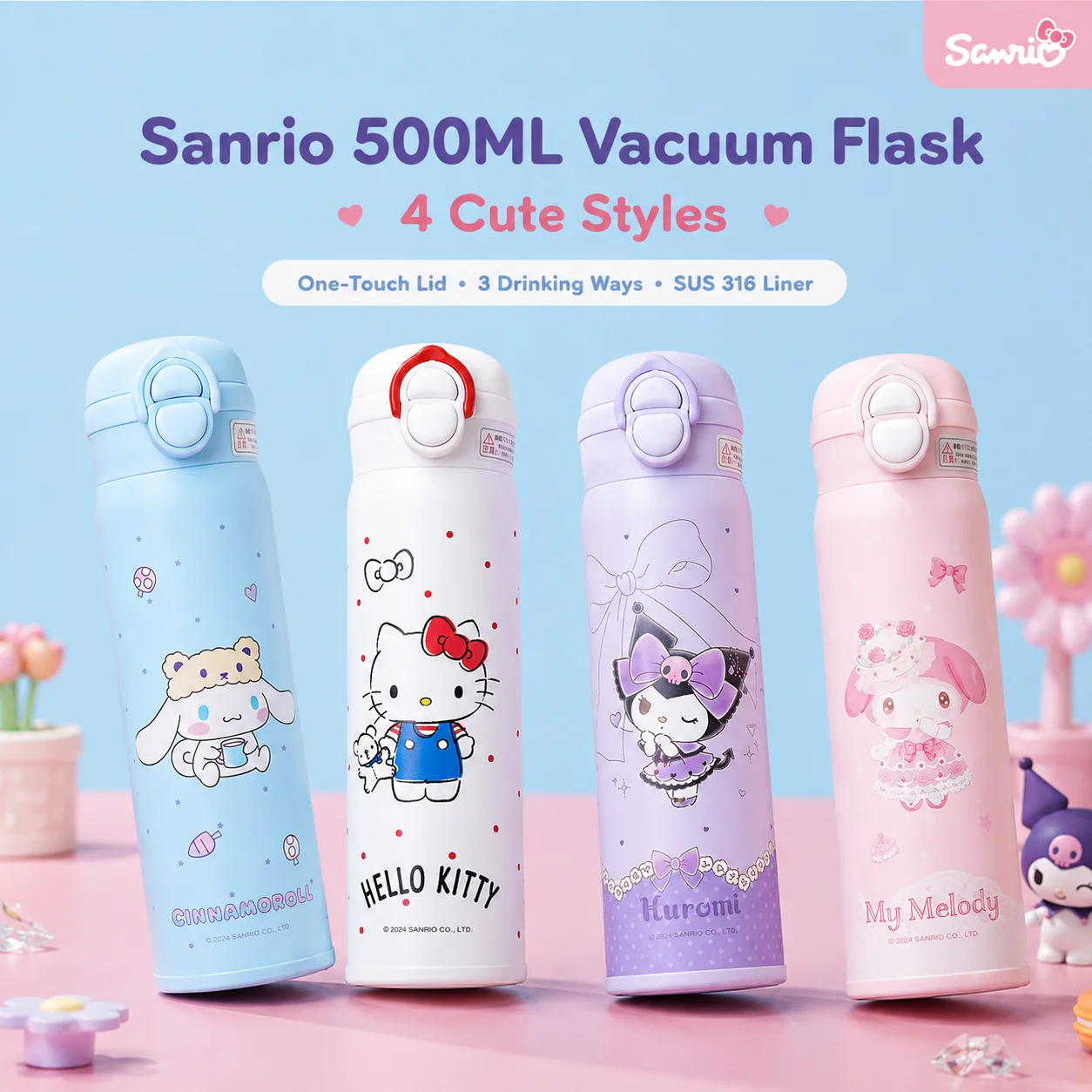 Sanrio 500ML Vacuum Flask SUS316 Stainless Steel Insulated Water Bottle One-Touch Lid 3 Drinking Ways Thermos Cup