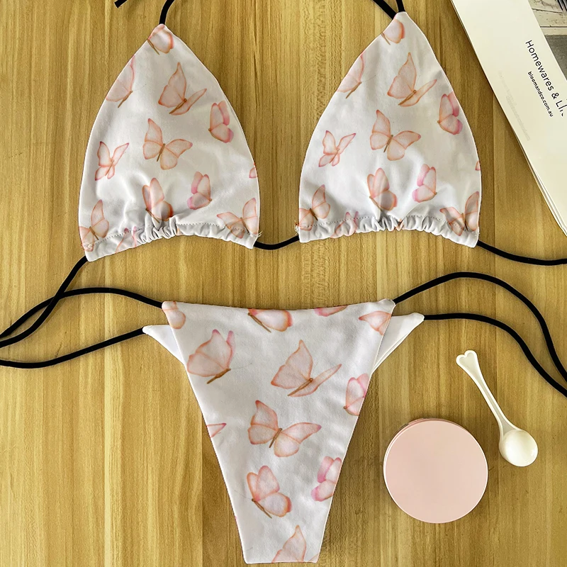 Terno de biquíni feminino de duas peças, desenho de borboleta, com renda, cintura baixa, maiô sexy tanga, biquíni de alta qualidade, na moda, verão