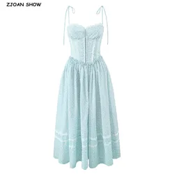2025 Sexy Blue Floral Covered Hook Button Corset style Midi Long Sling Dress Women Spliced Lace Low Waist Party A-line Dresses