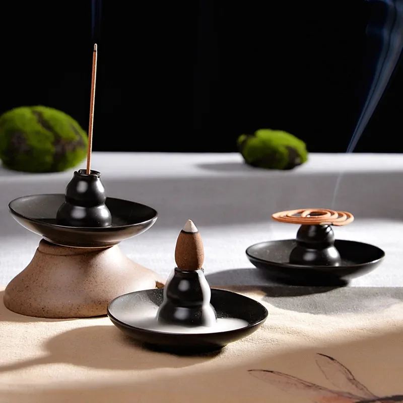 Multipurpose Gourd Shaped Reverse Flow Incense Burner Black Ceramic Gourd Shape Backflow Incense Burner Holder Plate Home Decor
