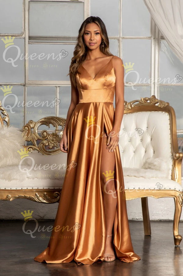 QueensLove Bridesmaid Dress V-Neck Satin Split Dress A-Line Spaghetti Evening Prom Party Straps Sexy Club Wear Customized