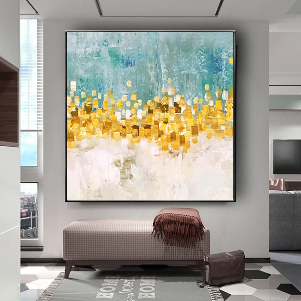 

Nordic Home Decor Wall Art Cyan Texture Canvas Paintings 100% Hand-painted Oil Painting Gold Foil Dot Mural Room Decoration