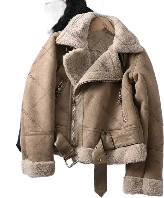 Winter Women Thick Warm Suede Lamb Jacket Short Motorcycle Brown Coats Faux Shearling Sheepskin Leather Jackets Outwear