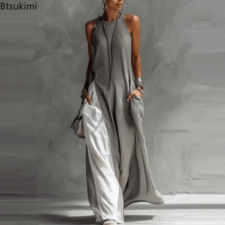 New Arrivals Women's Casual Loose Off Shoulder Long Dress 2026 Summer Fashion Color Blocking Design Sleeveless Dress with Pocket