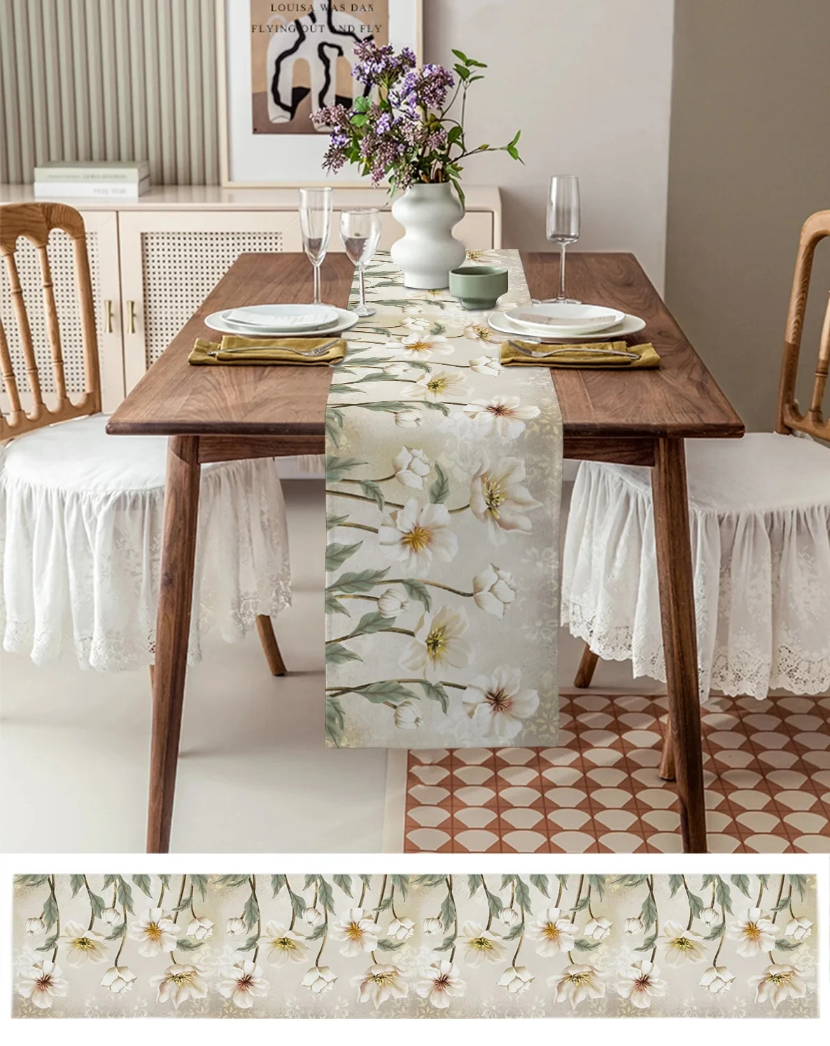 Spring Vintage Tulips Flower Linen Table Runner Summer Floral Dresser Scarf Table Decor Holiday Wedding Party Dining Table Decor