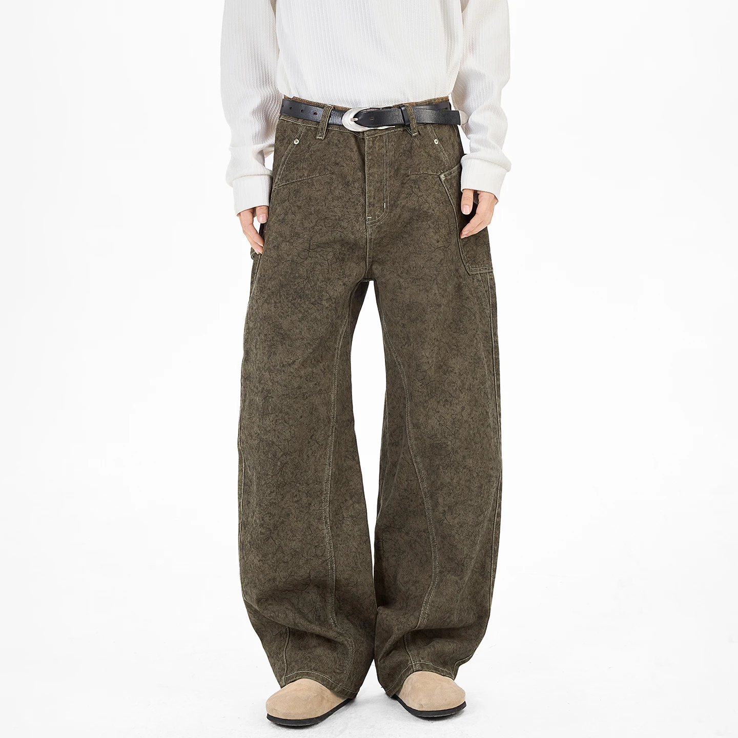 Vintage Washed Cotton Scimitar Jeans Men Streetwear Hip Hop Loose Casual Wide Leg Denim Baggy Jeans Pants Trousers