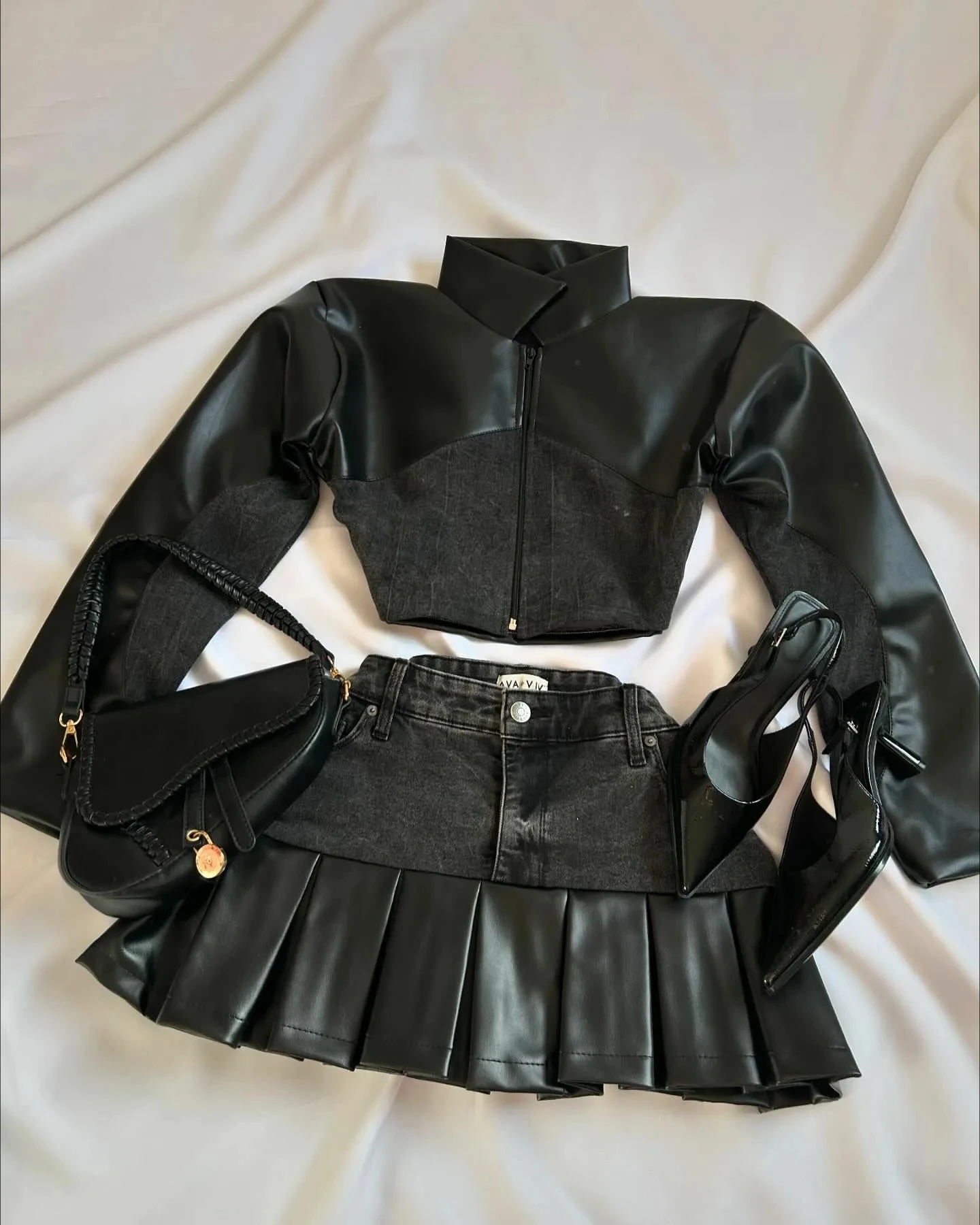 Hip Hop Patchwork Leather Patchwork Two Piece Set Womens Y2K Sweetheart Sexy Zipper Long Sleeve Cropped Jacket Denim Skirt Set