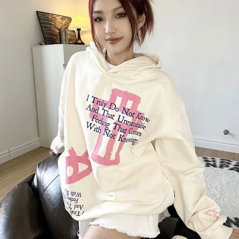 Off White Hoodies Pink Letter Printing Women's Sweatshirt Text Woman Clothing Baggy Hooded Top Loose Korean Fashion Aesthetic E