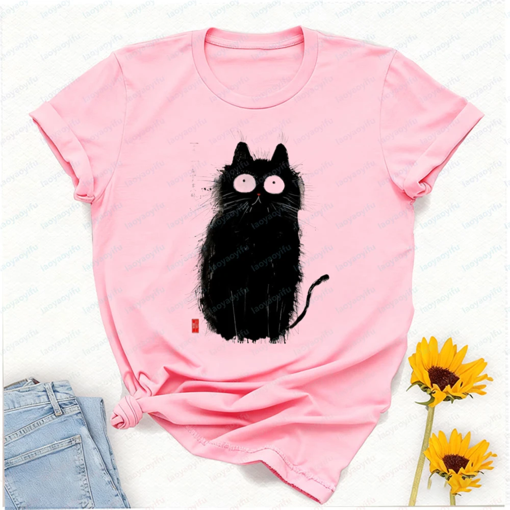 

Fluffy Black Cat T-Shirt Matsumoto Hoji Style Ink Drawing Ukiyo-e T-Shirt Graphic T Shirts Y2k Top Shirts for Women Women Tshirt