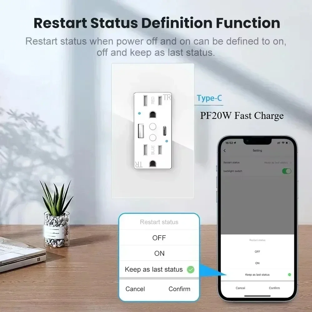 Shawader Tuya Wifi Inteligentne gniazda ścienne USB Type-C Power US Plug Outlet PD20W Szybkie ładowanie Panel szklany Pilot Alexa Google Home