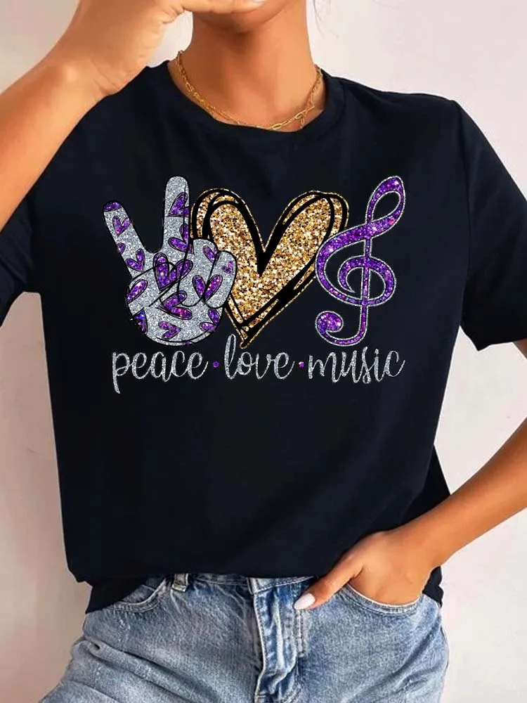 

New Peace Love Music Women Tops Cartoon Graphic Printed T Shirt Fashion O-neck Woman Clothes Causal Female Tshirts Tees