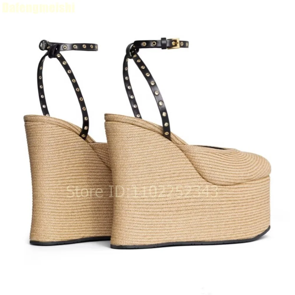 Grass Woven Platform Women Summer Sandals Shallow Ankle Strap Super High Heel Wedges Sandals 2025 New Linen Round Toe Sandals